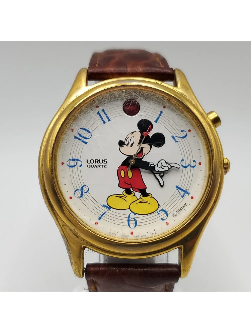 Vintage Lorus Mens Watch 36mm Mickey Mouse Musical Leather V52F-0A10 New Battery